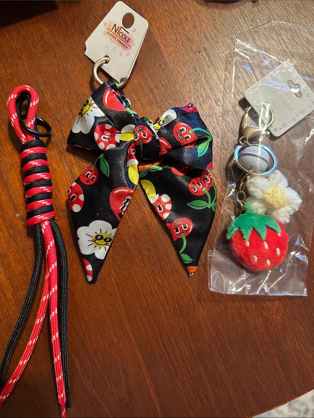 Trio of Bag Charms Including Scarf and Crochet flower